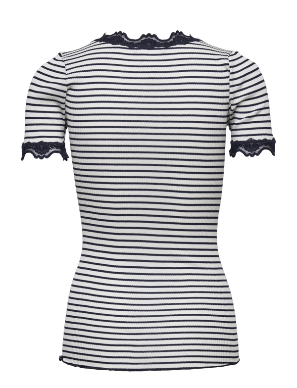 SILK T-SHIRT WITH LACE - IVORY NAVY STRIPE