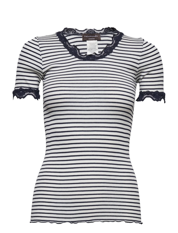 SILK T-SHIRT WITH LACE - IVORY NAVY STRIPE