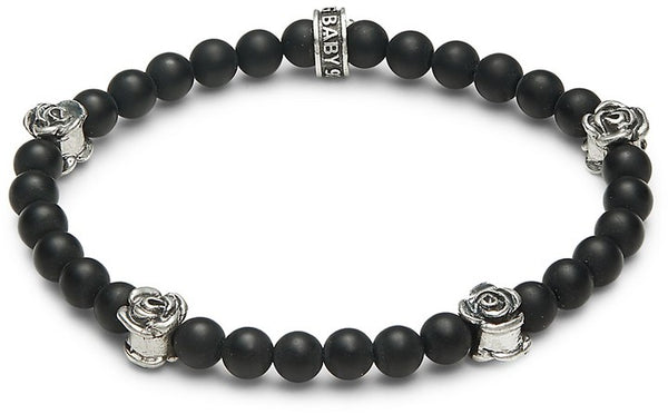 BLACK ONYX BEAD BRACELET WITH 4 SILVER ROSES