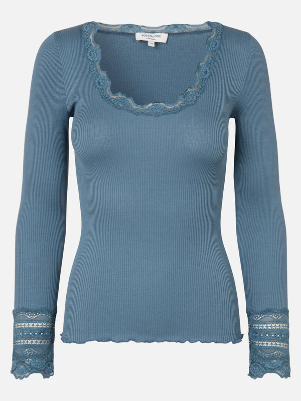 LONG SLEEVE SILK BLOUSE WITH LACE - MOUNTAIN BLUE