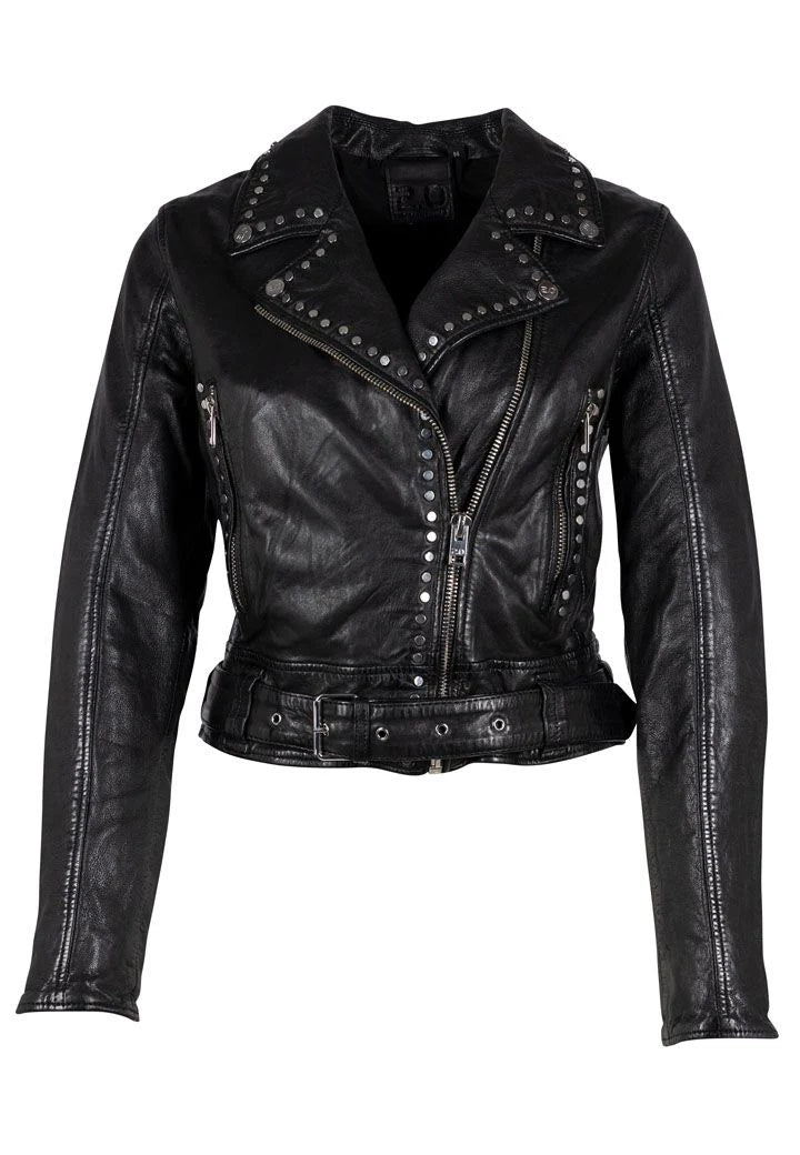 MARYN Studded Moto Jacket with Belt - Black