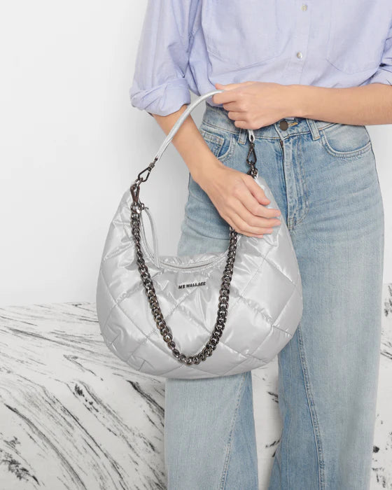 LARGE QUILTED BOWERY SHOULDER BAG in Oyster Metallic