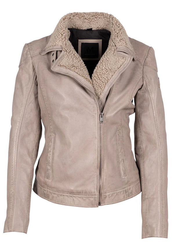 JENJA Leather Jacket with Shearling Insert - Stone