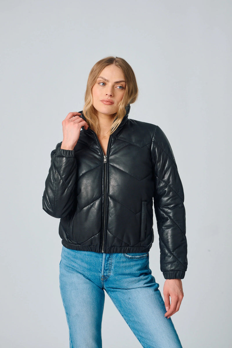NELE Leather Puffer Jacket - Black