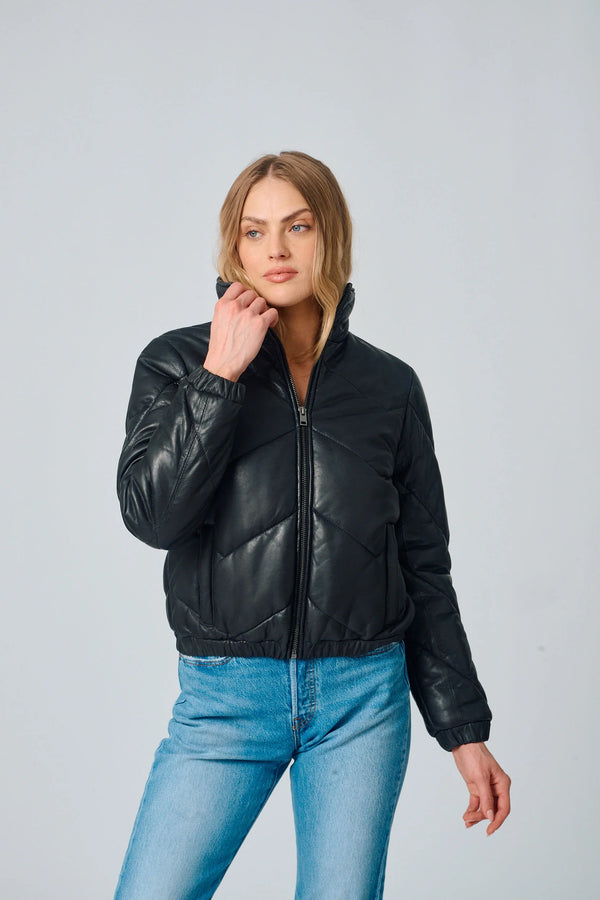 NELE Leather Puffer Jacket - Black