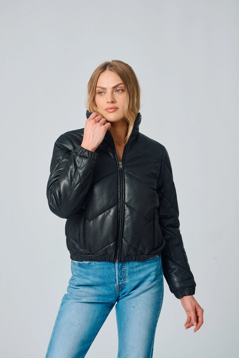 NELE Leather Puffer Jacket - Black