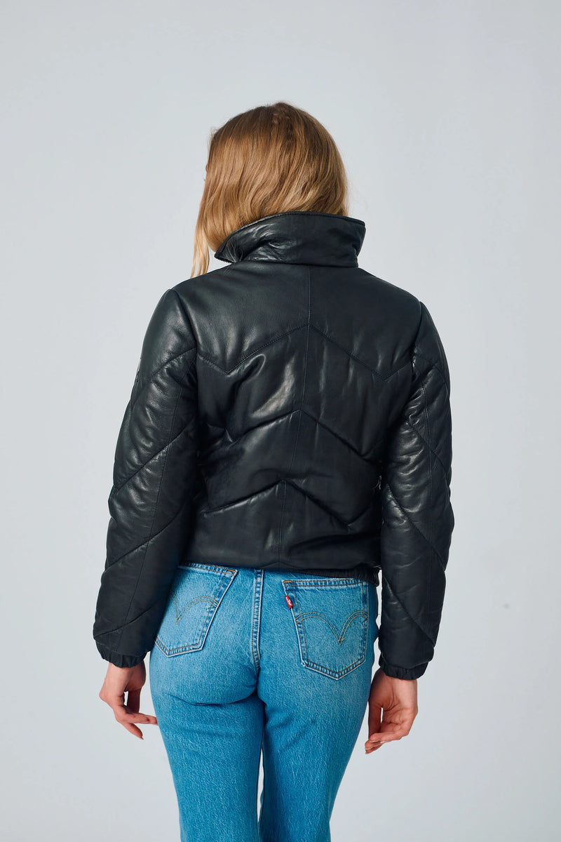 NELE Leather Puffer Jacket - Black
