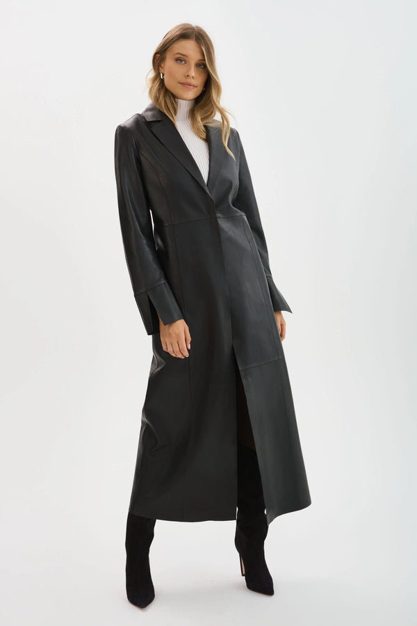 EVANNA Leather Maxi Coat - Black