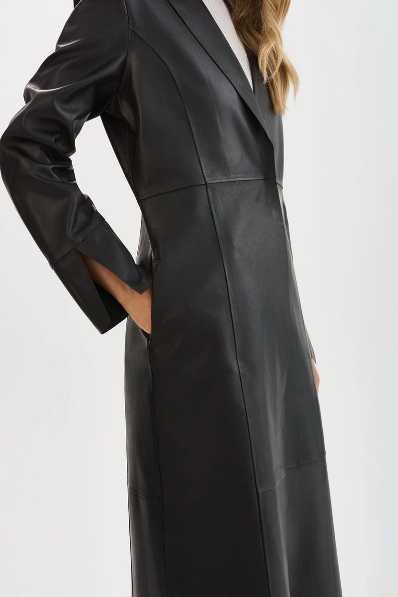 EVANNA Leather Maxi Coat - Black