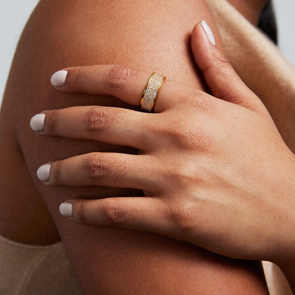 PETIT PAVE THICK STACKING RING in Gold
