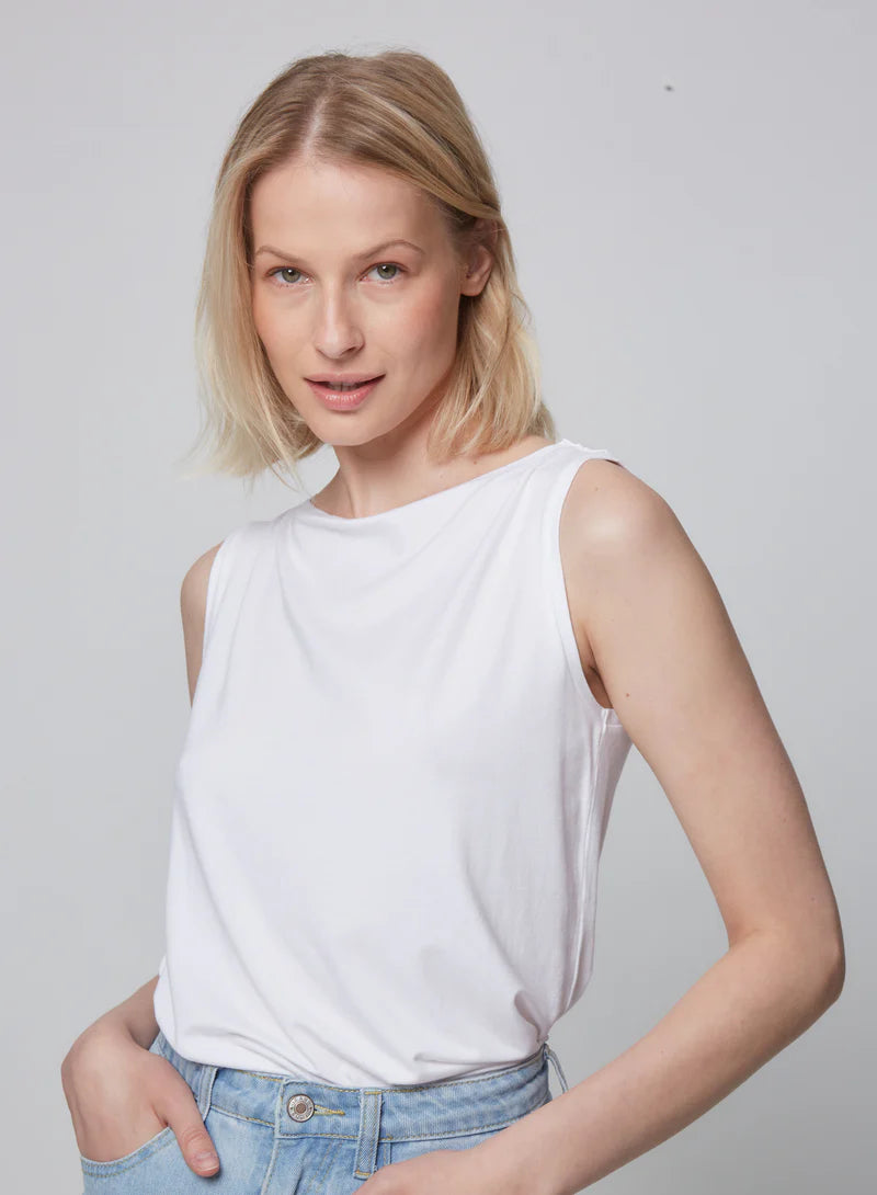 Soft Touch Semi Relaxed Boatneck Tank Top - White