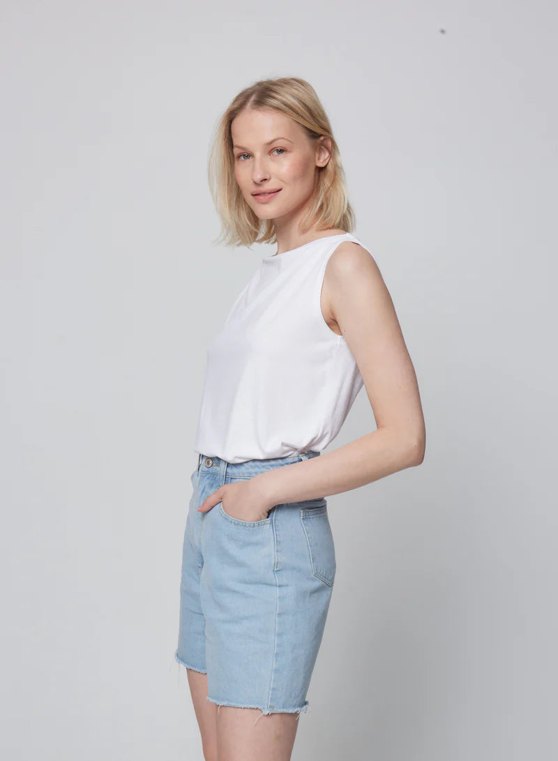 Soft Touch Semi Relaxed Boatneck Tank Top - White