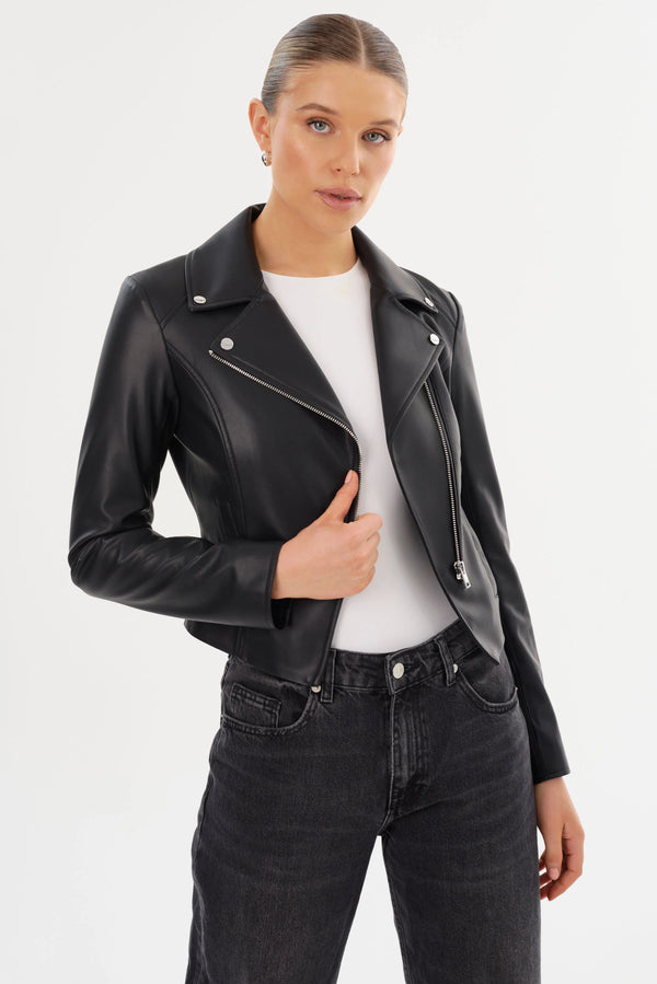 PASCALE Fitted Faux Leather Jacket - Black