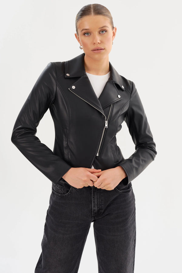 PASCALE Fitted Faux Leather Jacket - Black