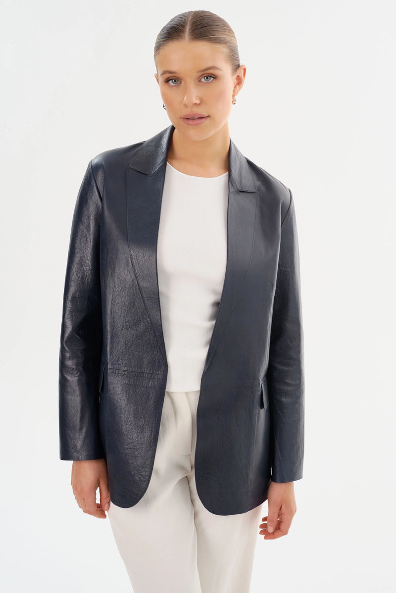 QUIRINA Leather Blazer - Navy