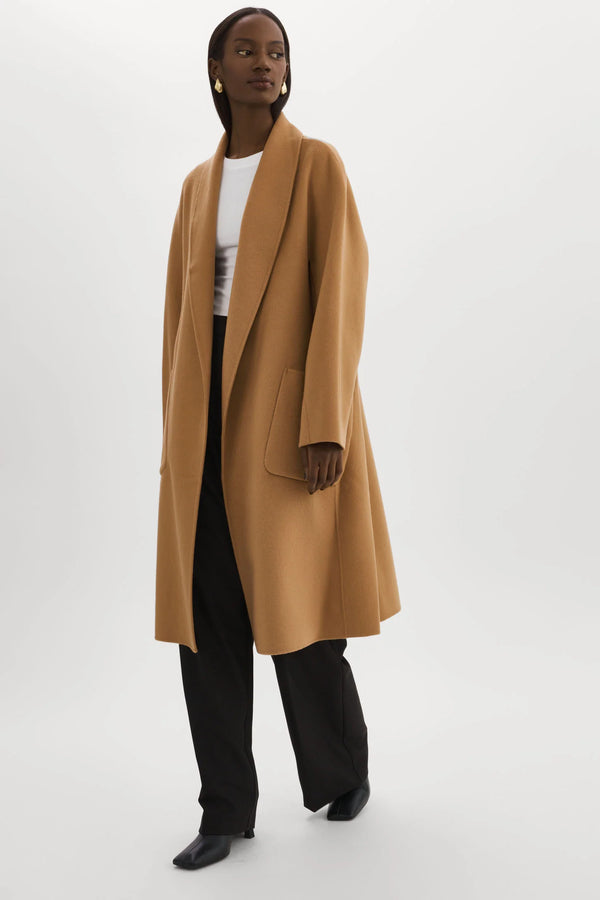 THARA Shawl Collar Wool Coat - Camel