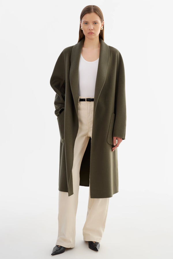 THARA Shawl Collar Wool Coat - Dark Olive