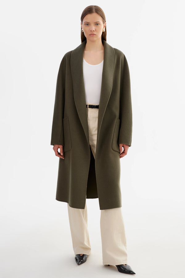 THARA Shawl Collar Wool Coat - Dark Olive