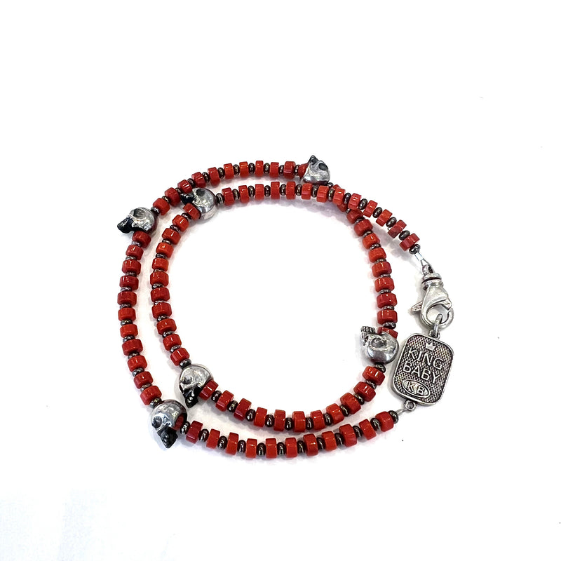 RED DOUBLE WRAP BUTTON BEAD BRACELET WITH SCULLS