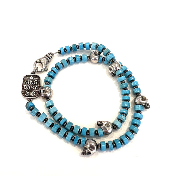 TURQUOISE DOUBLE WRAP BEAD BRACELET WITH SCULLS
