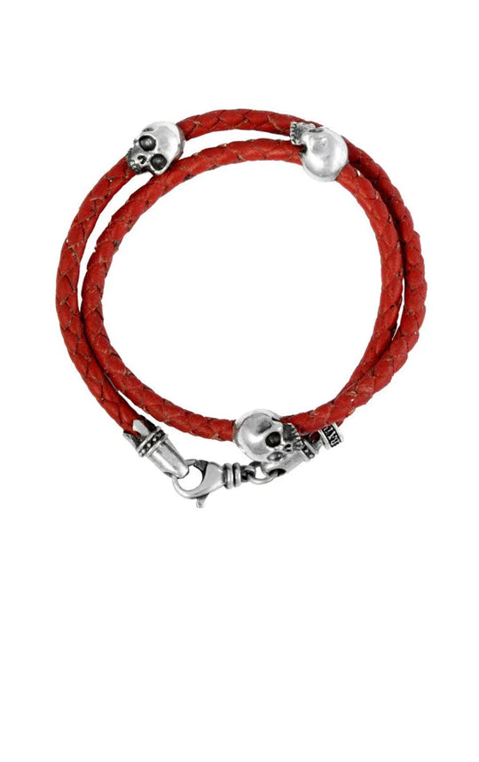 THIN BRAIDED RED LEATHER BRACELET WITH HAMLET SKULLS