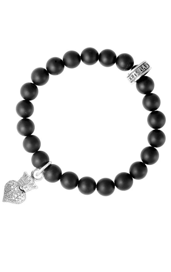 BLACK ONYX BEAD BRACELET WITH BABY CZ PAVE CROWNWED HEART
