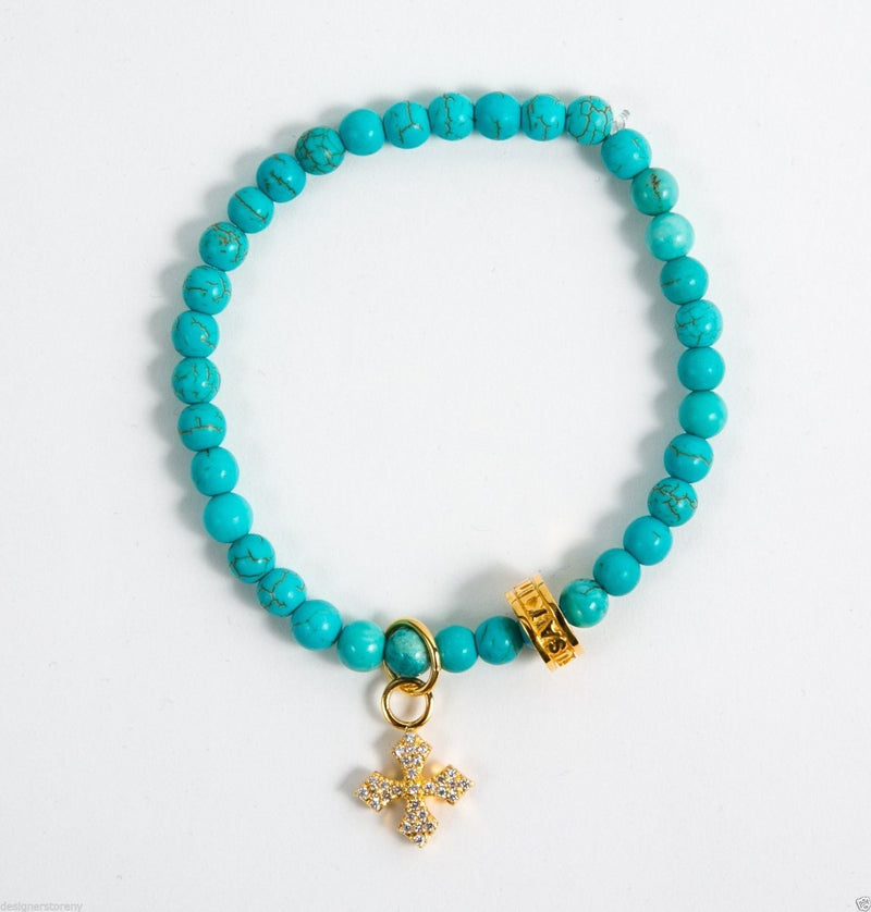 6MM TURQUOISE BEAD BRACELET with MB CROSS