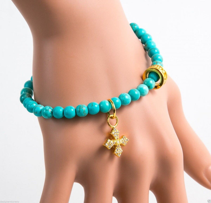 6MM TURQUOISE BEAD BRACELET with MB CROSS