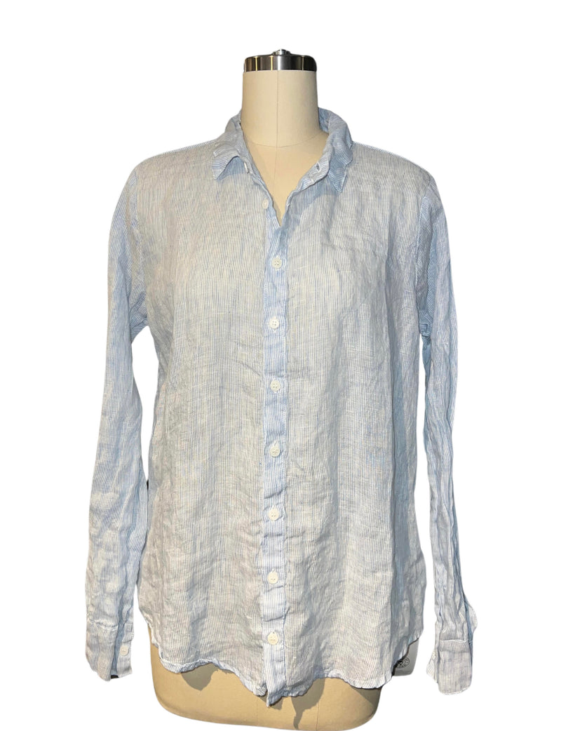 ROMY LINEN SHIRT in Light Blue/White Pinstripes