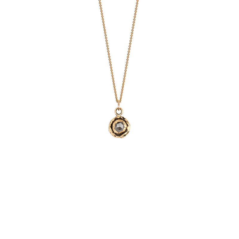 14K GOLD TALISMAN NECKLACE - GREY RUSTIC DIAMOND FACETED STONE