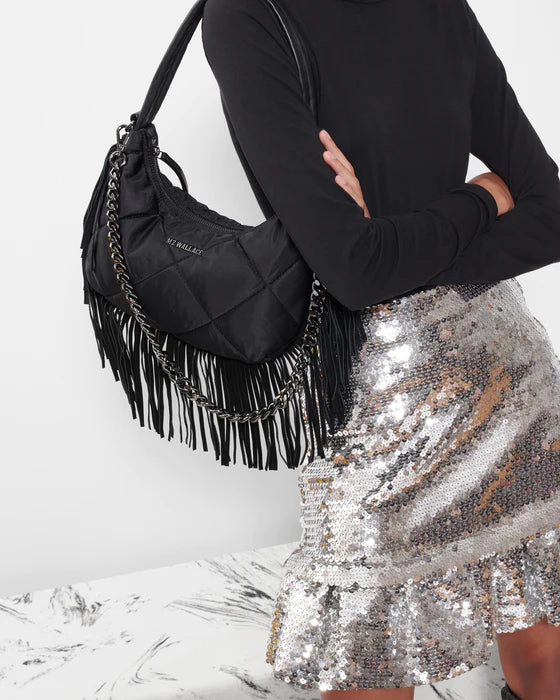 SMALL QUILTED BOWERY SHOULDER BAG in Black with Fringe