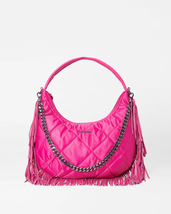 LARGE QUILTED BOWERY SHOULDER BAG in Fuchsia with Fringe