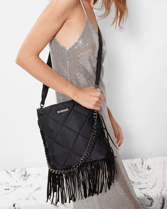 QUILTED MADISON FLAT CROSSBODY in Black with Fringe