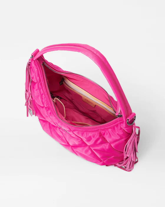 LARGE QUILTED BOWERY SHOULDER BAG in Fuchsia with Fringe