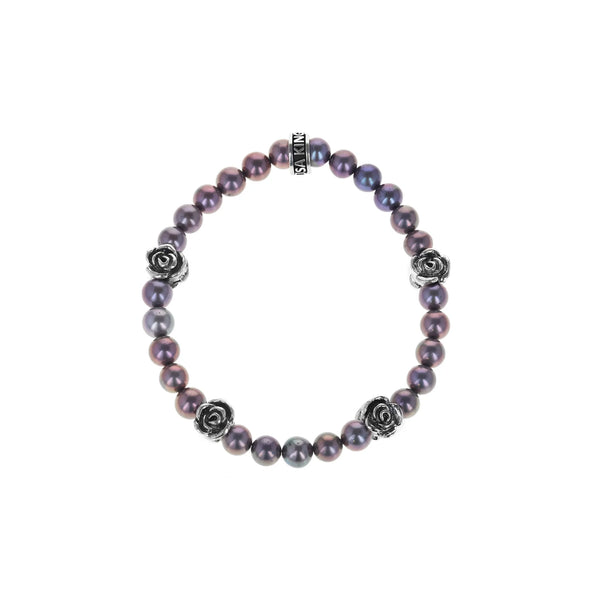 6mm GREY PEARL BRACELET with 4 SILVER ROSE BEADS
