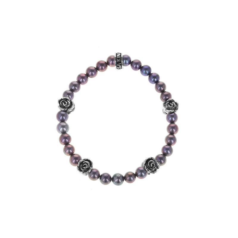 6mm GREY PEARL BRACELET with 4 SILVER ROSE BEADS