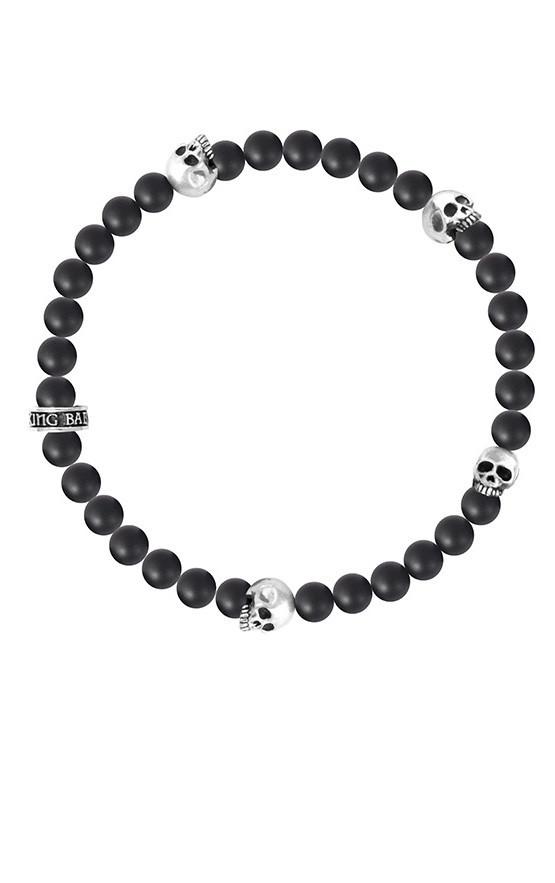 6MM ONYX BEAD BRACELET WITH 4 SKULLS