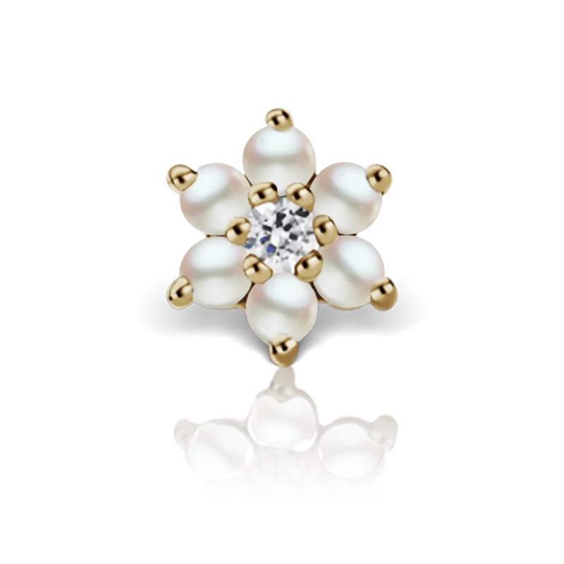 7mm PEARL FLOWER WITH DIAMOND CENTER THREADED STUD in Yellow Gold